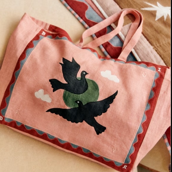 NWT Sezane x Pangea - Lovebirds Linen Tote Travel Bag RARE Still Has Tags - Picture 2 of 6